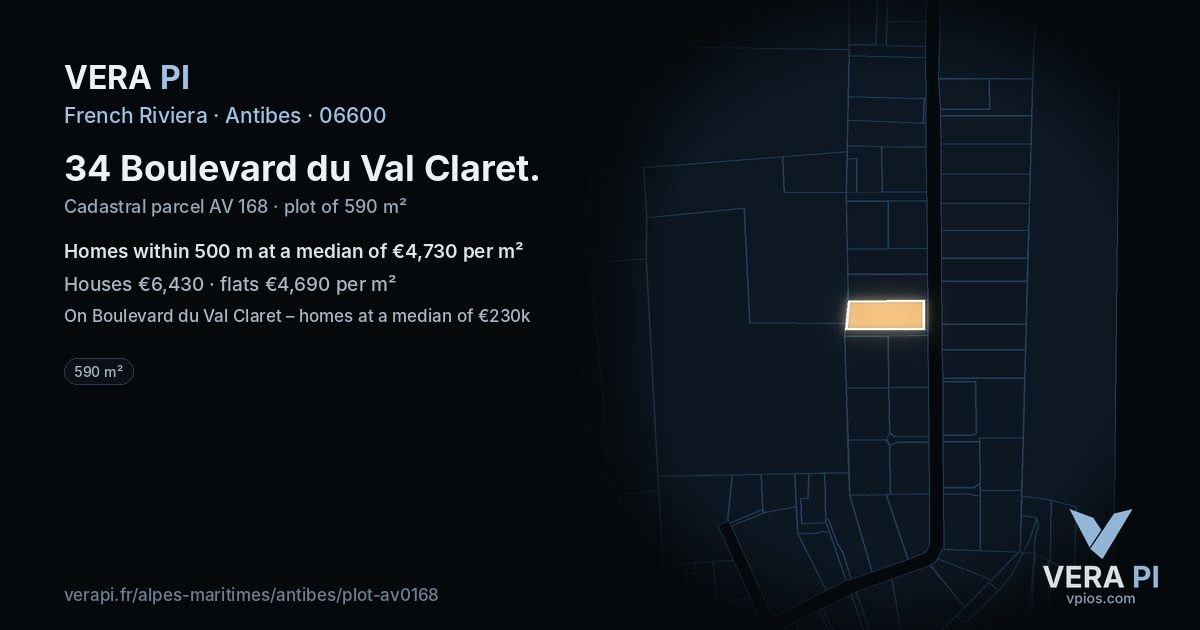 34 Boulevard du Val Claret, Antibes at night – the plot lit, the parcels around coloured by the prices near them