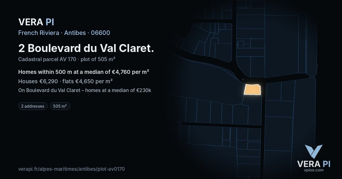 2 Boulevard du Val Claret, Antibes at night – the plot lit, the parcels around coloured by the prices near them