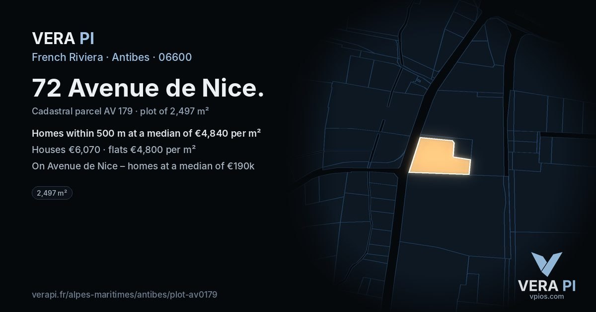 72 Avenue de Nice, Antibes at night – the plot lit, the parcels around coloured by the prices near them