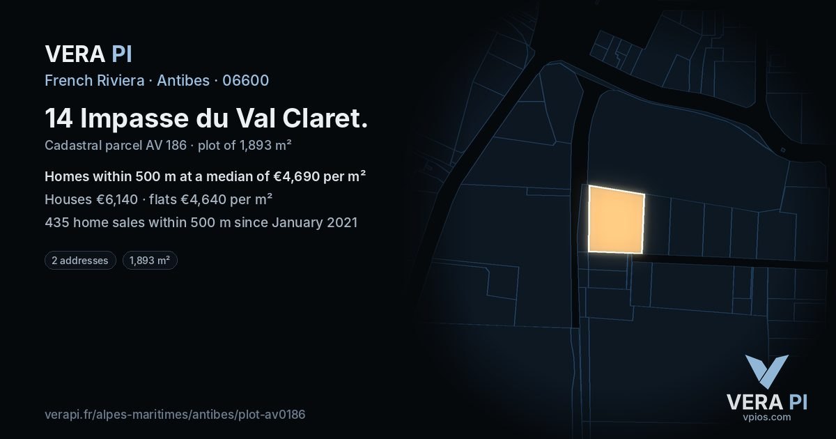 14 Impasse du Val Claret, Antibes at night – the plot lit, the parcels around coloured by the prices near them