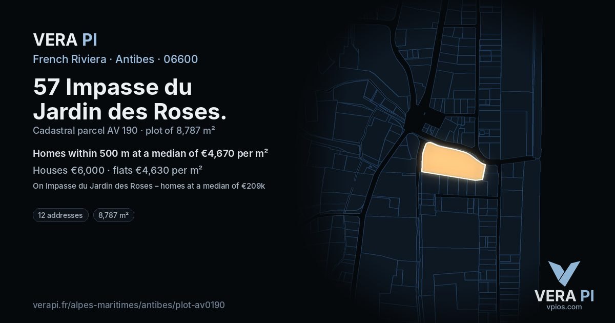 57 Impasse du Jardin des Roses, Antibes at night – the plot lit, the parcels around coloured by the prices near them