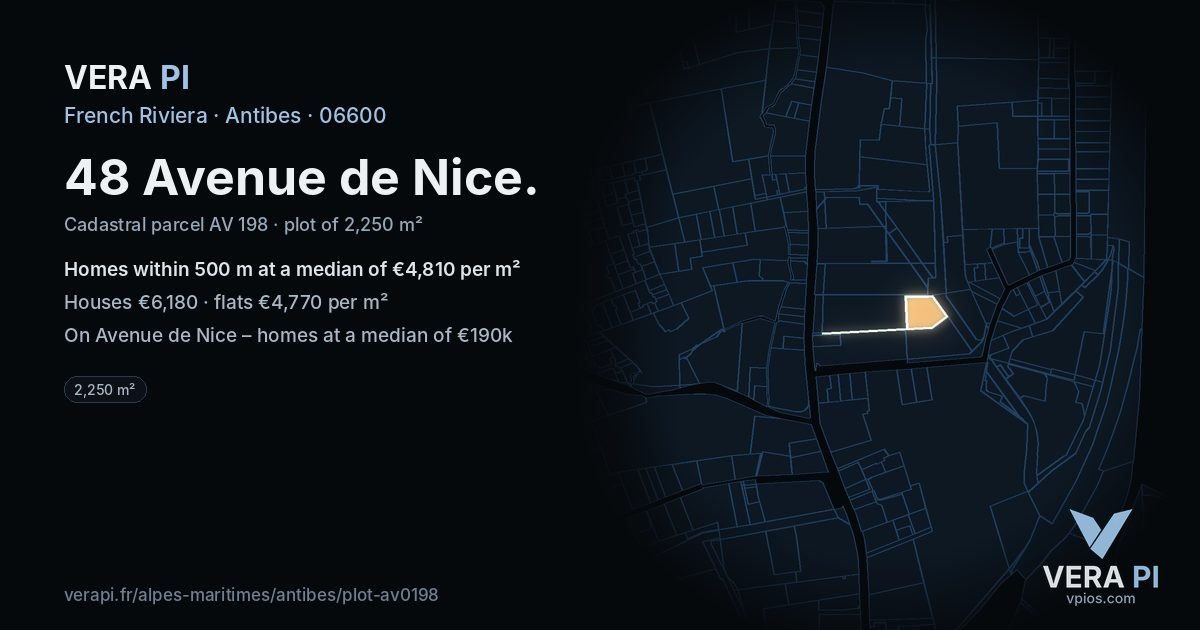 48 Avenue de Nice, Antibes at night – the plot lit, the parcels around coloured by the prices near them