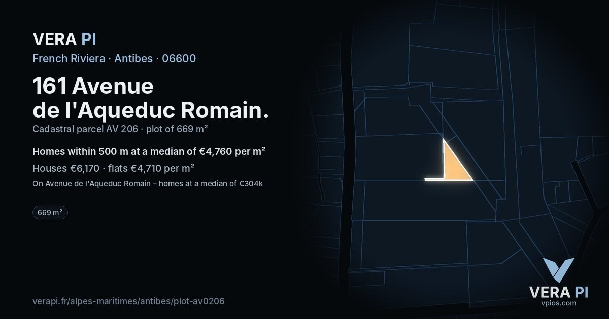 161 Avenue de l'Aqueduc Romain, Antibes at night – the plot lit, the parcels around coloured by the prices near them