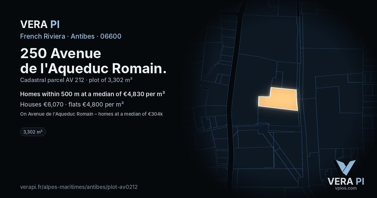 250 Avenue de l'Aqueduc Romain, Antibes at night – the plot lit, the parcels around coloured by the prices near them