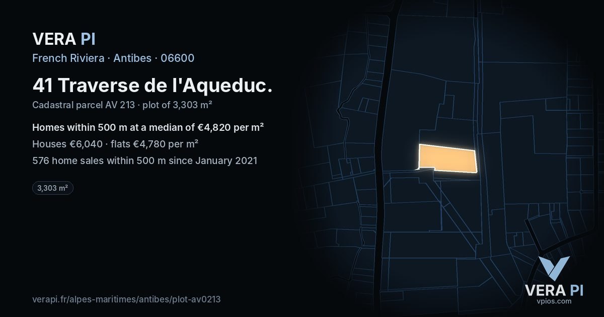 41 Traverse de l'Aqueduc, Antibes at night – the plot lit, the parcels around coloured by the prices near them