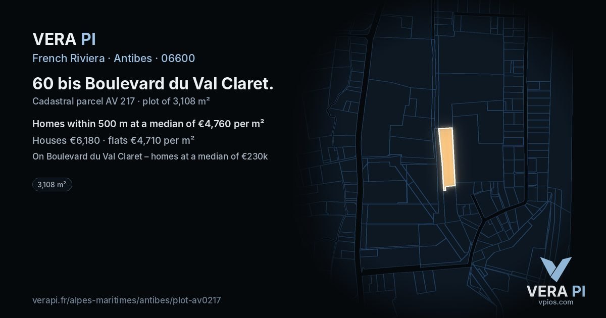 60 bis Boulevard du Val Claret, Antibes at night – the plot lit, the parcels around coloured by the prices near them