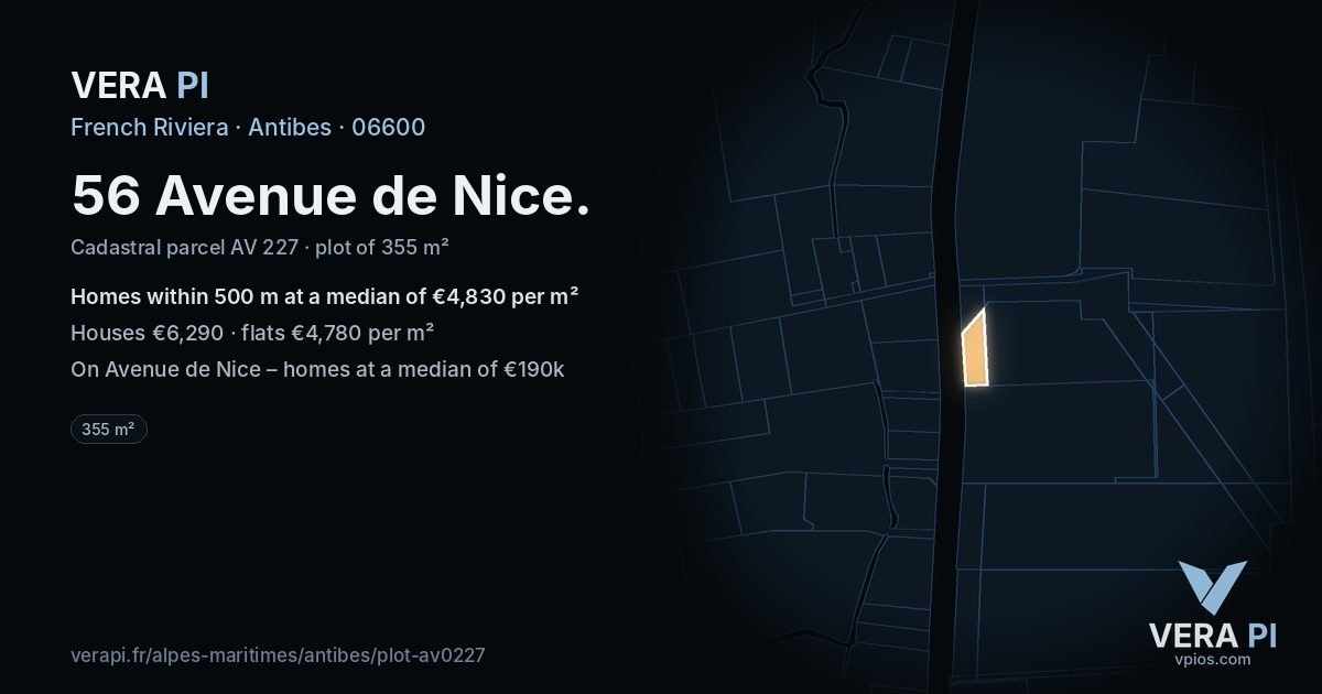 56 Avenue de Nice, Antibes at night – the plot lit, the parcels around coloured by the prices near them