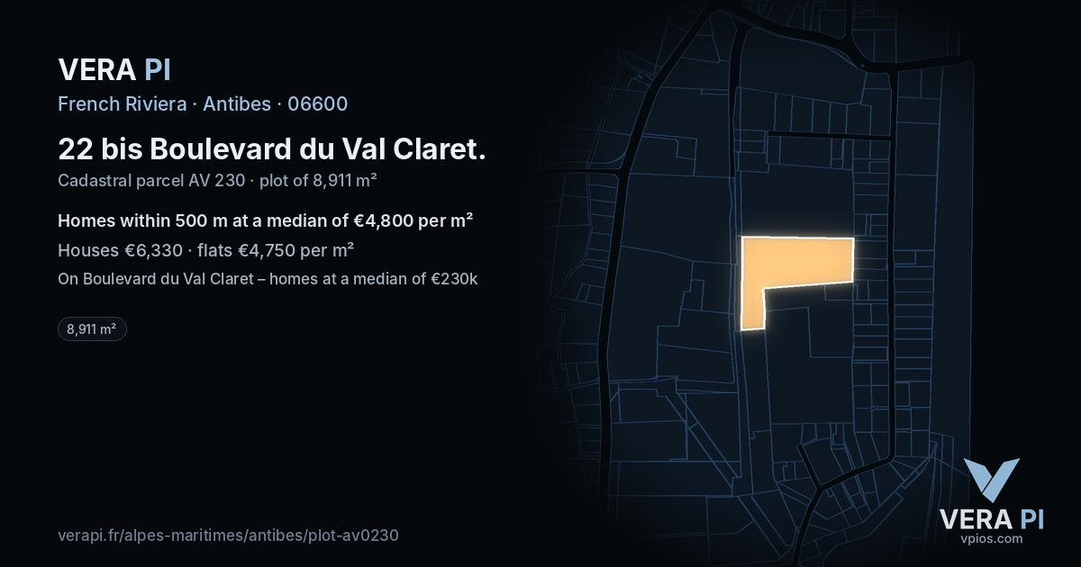 22 bis Boulevard du Val Claret, Antibes at night – the plot lit, the parcels around coloured by the prices near them