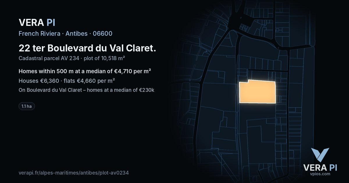 22 ter Boulevard du Val Claret, Antibes at night – the plot lit, the parcels around coloured by the prices near them