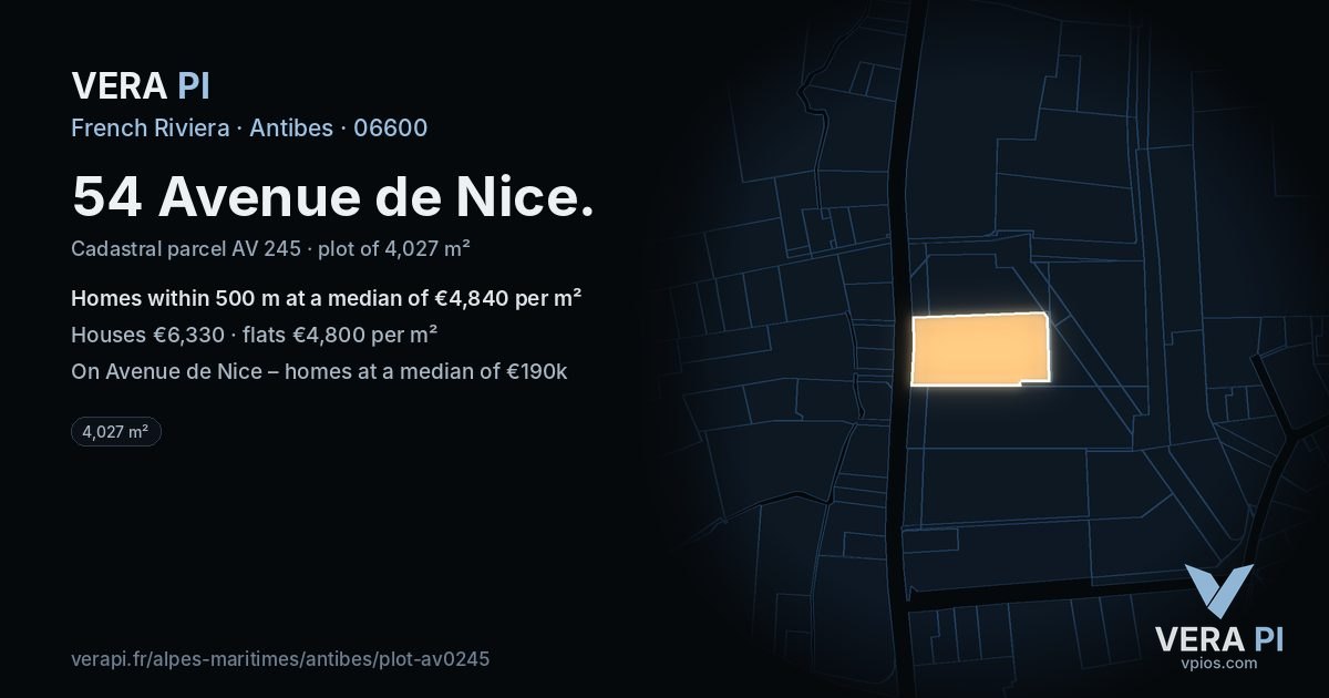 54 Avenue de Nice, Antibes at night – the plot lit, the parcels around coloured by the prices near them