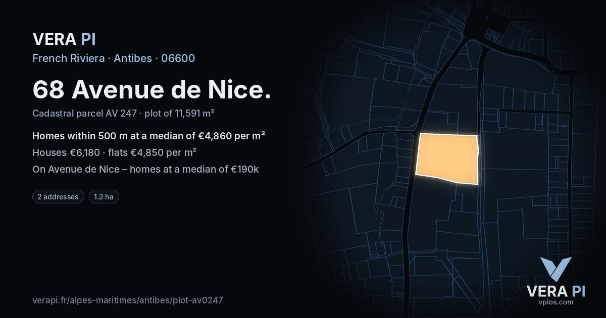 68 Avenue de Nice, Antibes at night – the plot lit, the parcels around coloured by the prices near them
