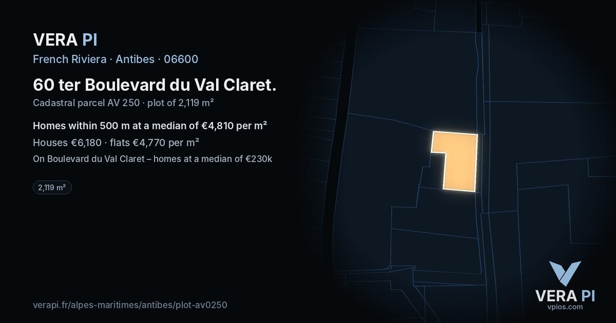 60 ter Boulevard du Val Claret, Antibes at night – the plot lit, the parcels around coloured by the prices near them