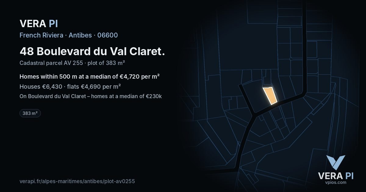 48 Boulevard du Val Claret, Antibes at night – the plot lit, the parcels around coloured by the prices near them