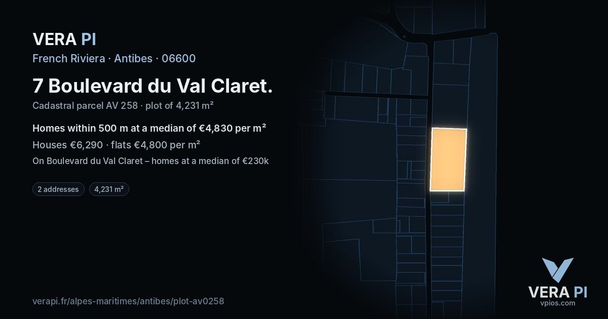 7 Boulevard du Val Claret, Antibes at night – the plot lit, the parcels around coloured by the prices near them