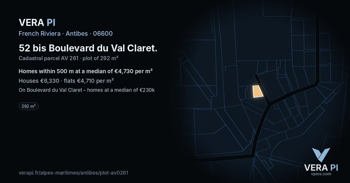 52 bis Boulevard du Val Claret, Antibes at night – the plot lit, the parcels around coloured by the prices near them
