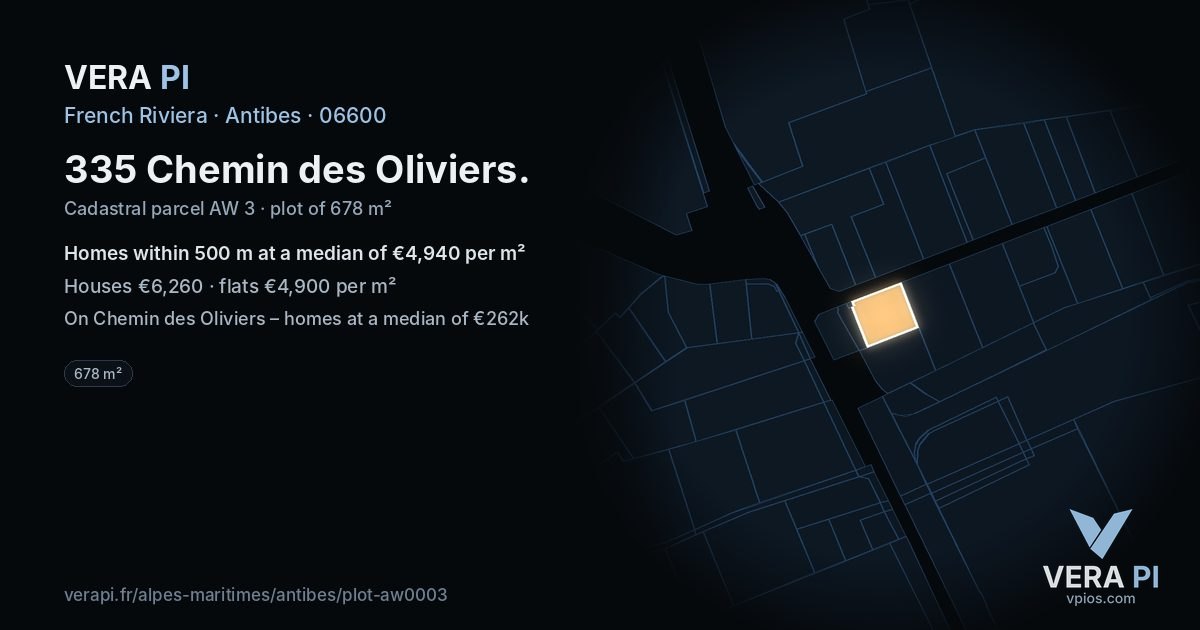 335 Chemin des Oliviers, Antibes at night – the plot lit, the parcels around coloured by the prices near them