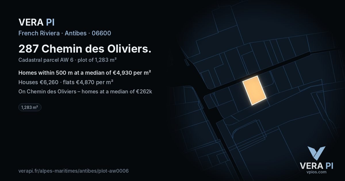 287 Chemin des Oliviers, Antibes at night – the plot lit, the parcels around coloured by the prices near them