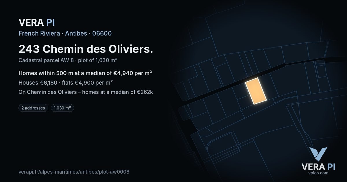243 Chemin des Oliviers, Antibes at night – the plot lit, the parcels around coloured by the prices near them