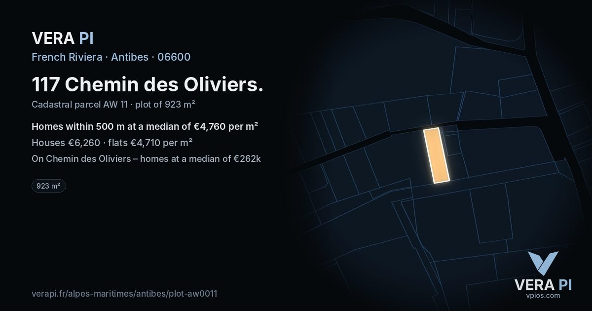 117 Chemin des Oliviers, Antibes at night – the plot lit, the parcels around coloured by the prices near them