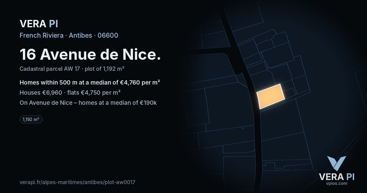 16 Avenue de Nice, Antibes at night – the plot lit, the parcels around coloured by the prices near them