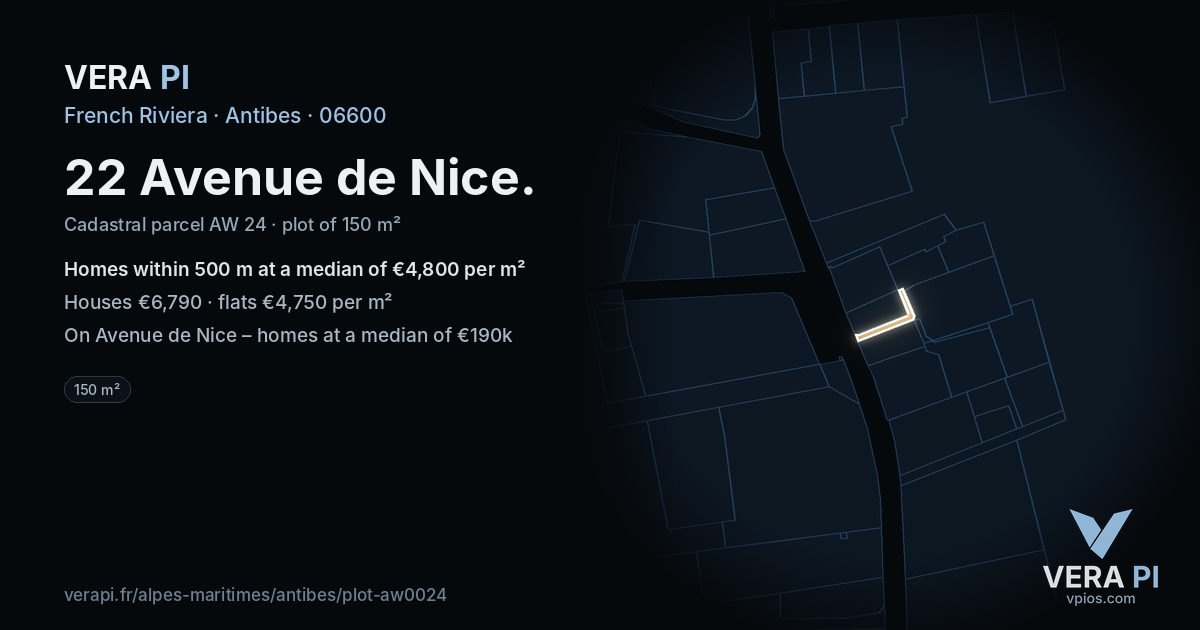 22 Avenue de Nice, Antibes at night – the plot lit, the parcels around coloured by the prices near them