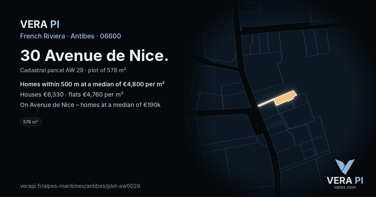 30 Avenue de Nice, Antibes at night – the plot lit, the parcels around coloured by the prices near them