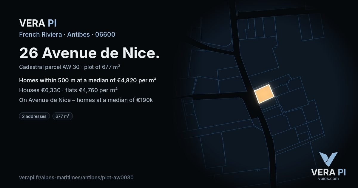 26 Avenue de Nice, Antibes at night – the plot lit, the parcels around coloured by the prices near them