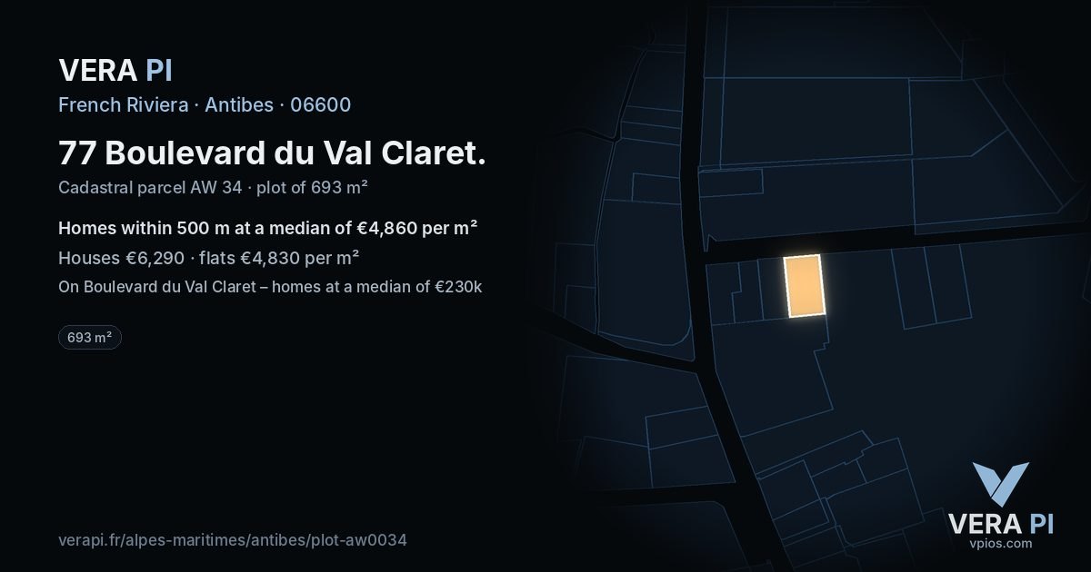 77 Boulevard du Val Claret, Antibes at night – the plot lit, the parcels around coloured by the prices near them