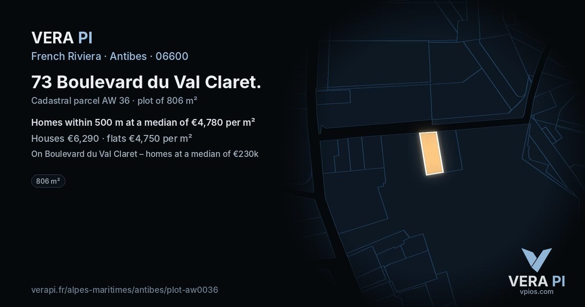73 Boulevard du Val Claret, Antibes at night – the plot lit, the parcels around coloured by the prices near them