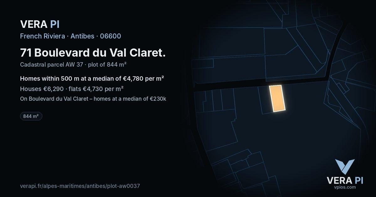 71 Boulevard du Val Claret, Antibes at night – the plot lit, the parcels around coloured by the prices near them