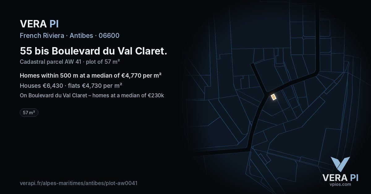 55 bis Boulevard du Val Claret, Antibes at night – the plot lit, the parcels around coloured by the prices near them