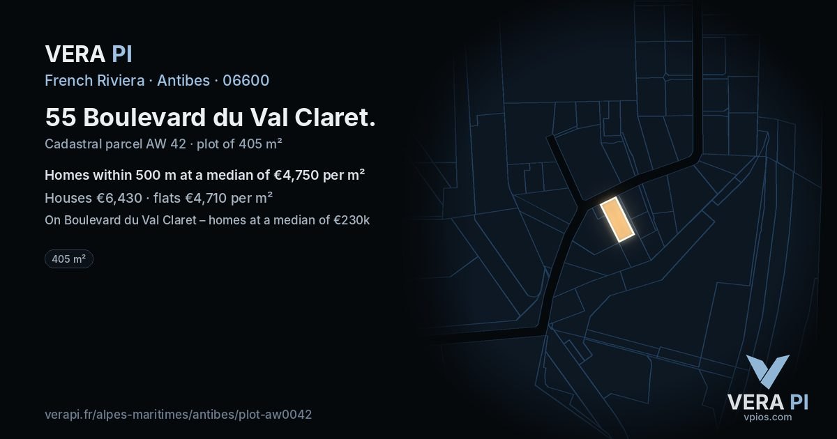 55 Boulevard du Val Claret, Antibes at night – the plot lit, the parcels around coloured by the prices near them