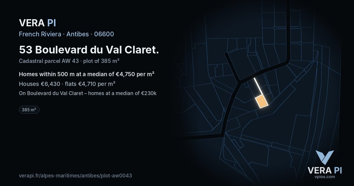 53 Boulevard du Val Claret, Antibes at night – the plot lit, the parcels around coloured by the prices near them