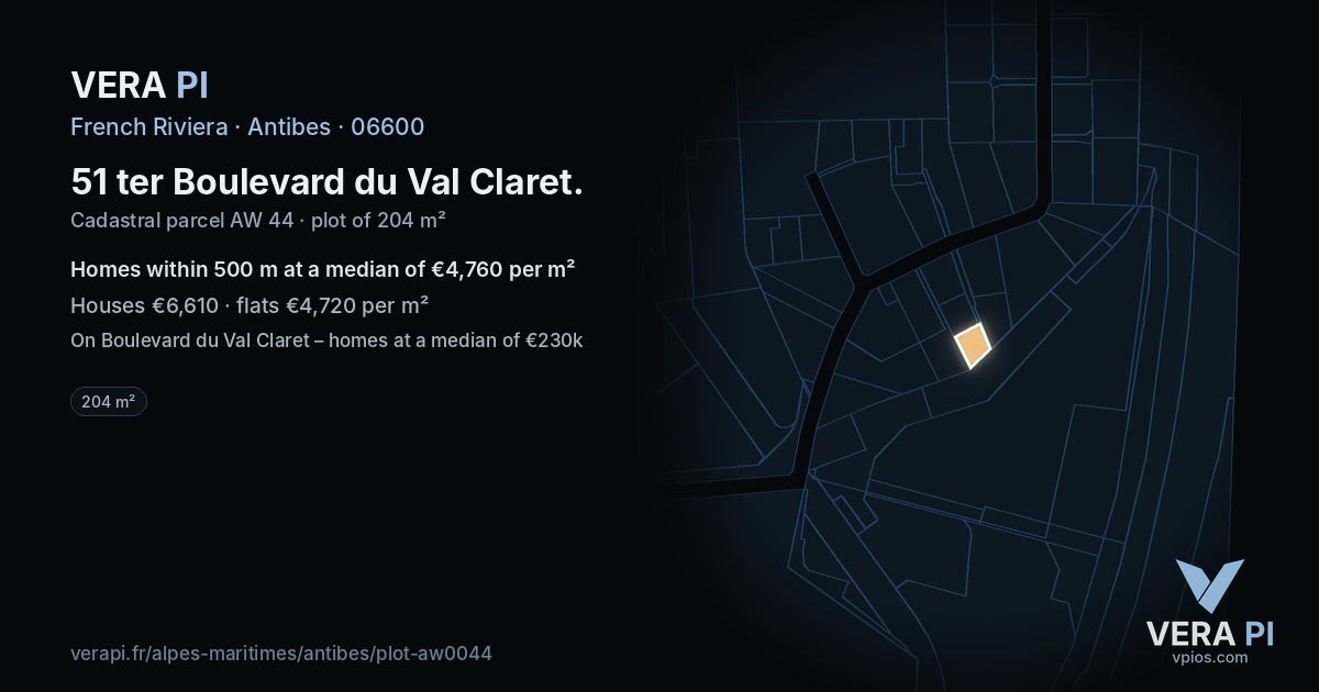 51 ter Boulevard du Val Claret, Antibes at night – the plot lit, the parcels around coloured by the prices near them
