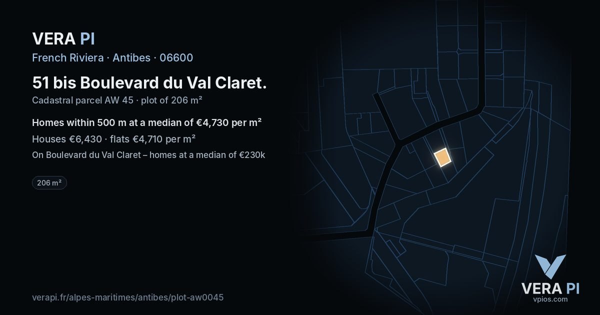 51 bis Boulevard du Val Claret, Antibes at night – the plot lit, the parcels around coloured by the prices near them