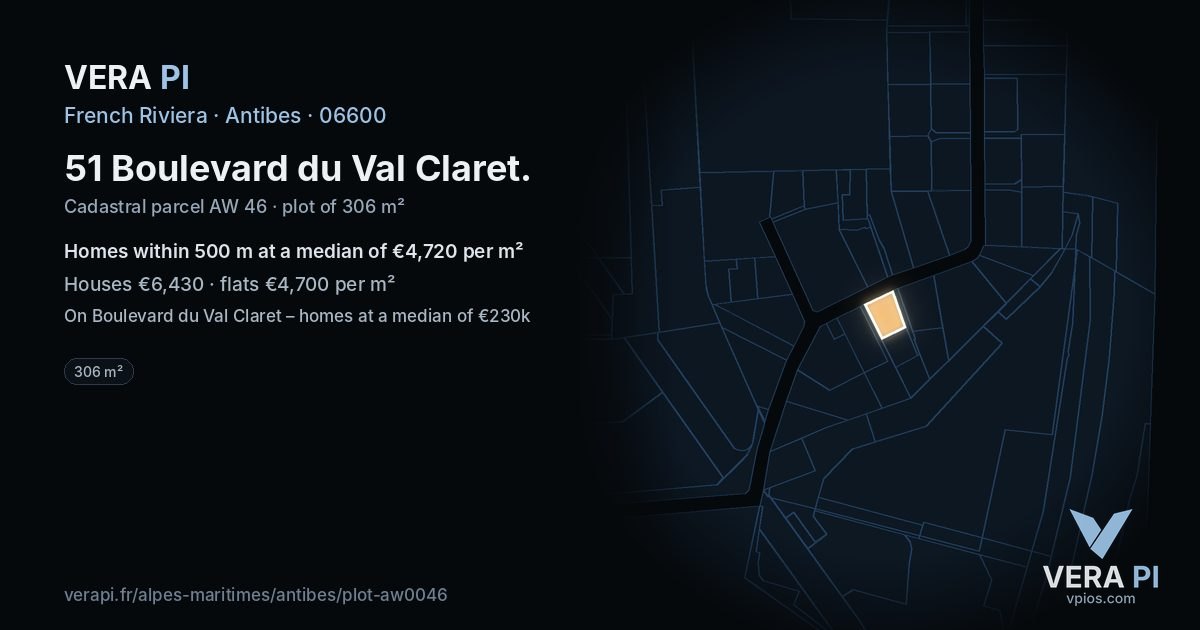 51 Boulevard du Val Claret, Antibes at night – the plot lit, the parcels around coloured by the prices near them