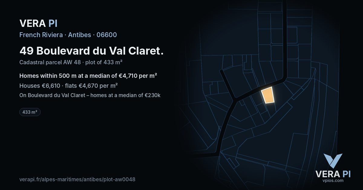 49 Boulevard du Val Claret, Antibes at night – the plot lit, the parcels around coloured by the prices near them