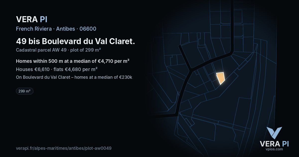 49 bis Boulevard du Val Claret, Antibes at night – the plot lit, the parcels around coloured by the prices near them