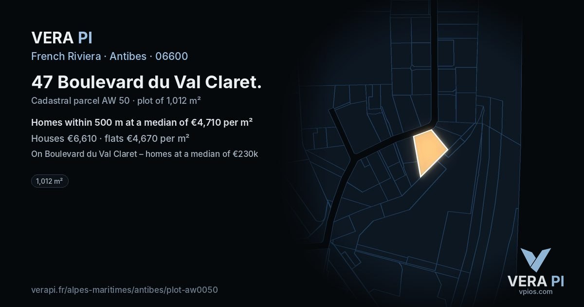 47 Boulevard du Val Claret, Antibes at night – the plot lit, the parcels around coloured by the prices near them