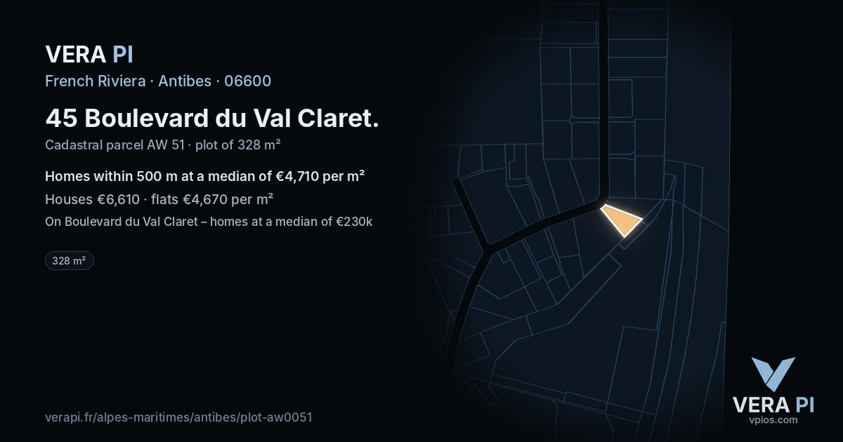 45 Boulevard du Val Claret, Antibes at night – the plot lit, the parcels around coloured by the prices near them