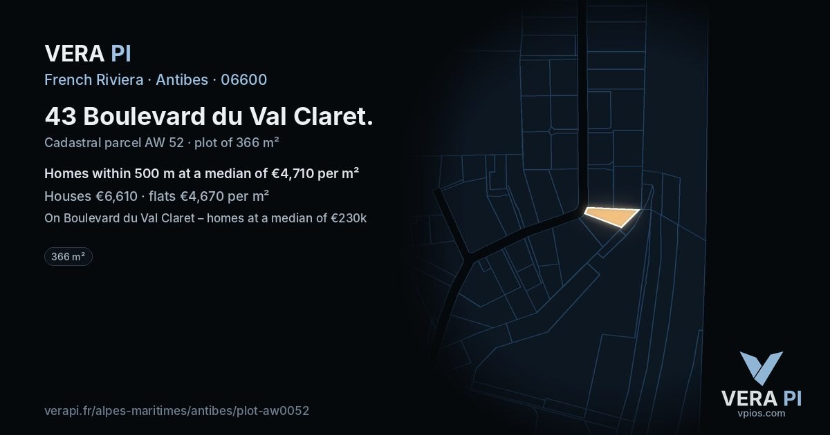 43 Boulevard du Val Claret, Antibes at night – the plot lit, the parcels around coloured by the prices near them