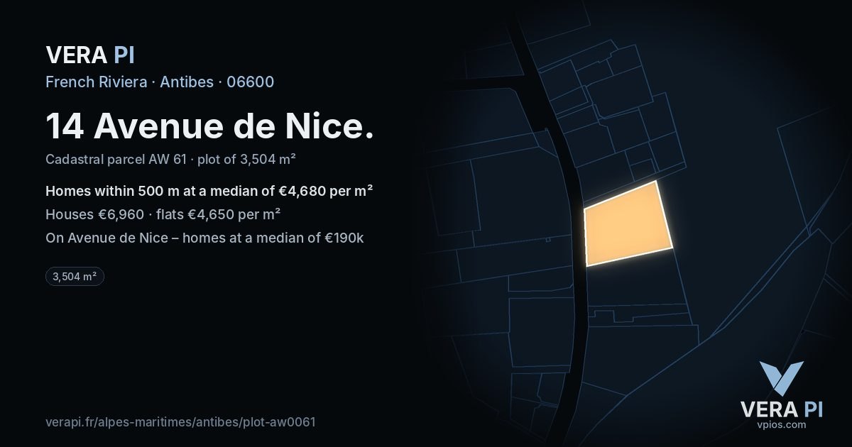 14 Avenue de Nice, Antibes at night – the plot lit, the parcels around coloured by the prices near them