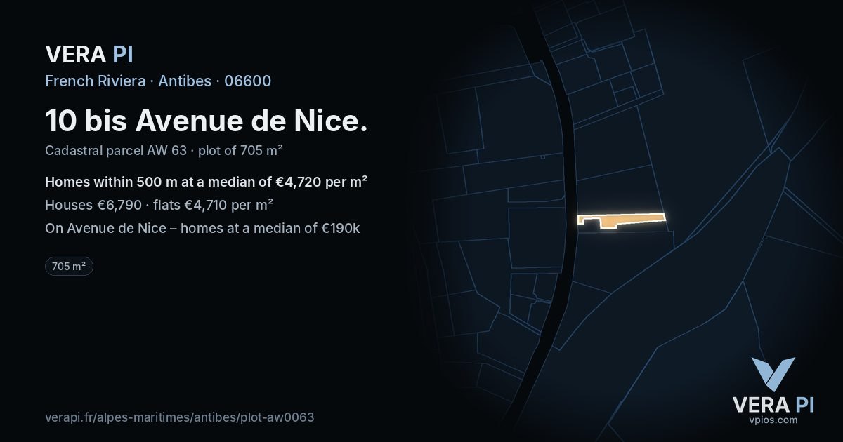 10 bis Avenue de Nice, Antibes at night – the plot lit, the parcels around coloured by the prices near them
