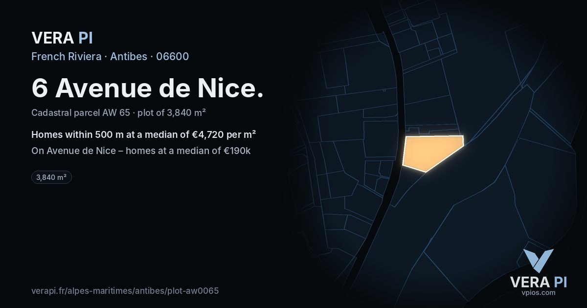 6 Avenue de Nice, Antibes at night – the plot lit, the parcels around coloured by the prices near them