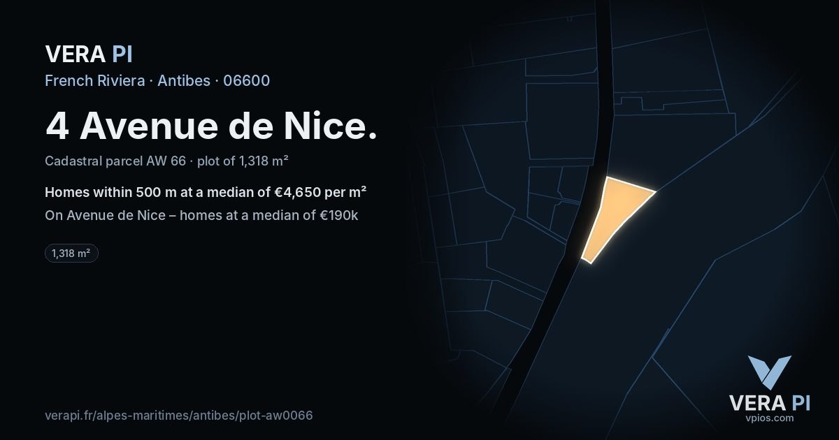 4 Avenue de Nice, Antibes at night – the plot lit, the parcels around coloured by the prices near them