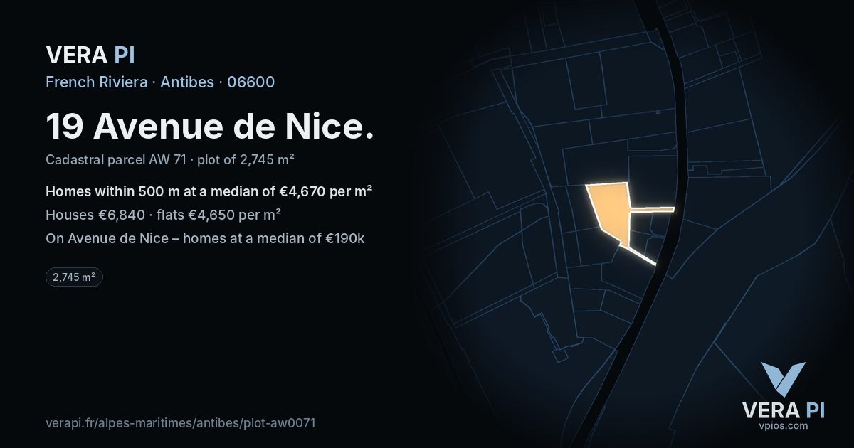 19 Avenue de Nice, Antibes at night – the plot lit, the parcels around coloured by the prices near them