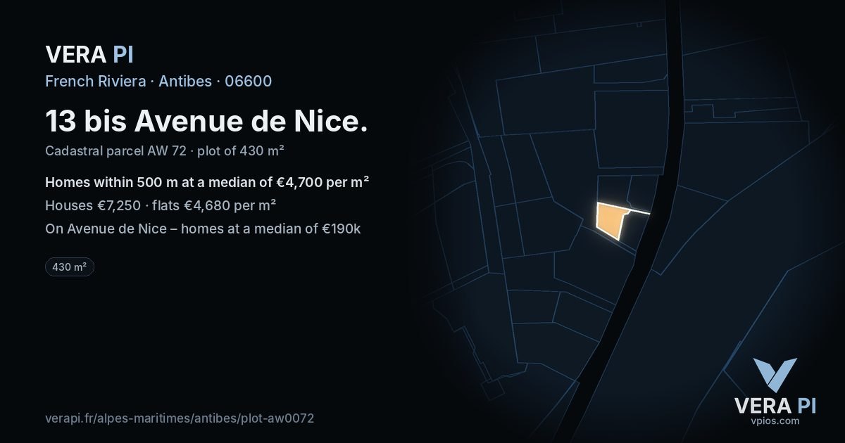 13 bis Avenue de Nice, Antibes at night – the plot lit, the parcels around coloured by the prices near them