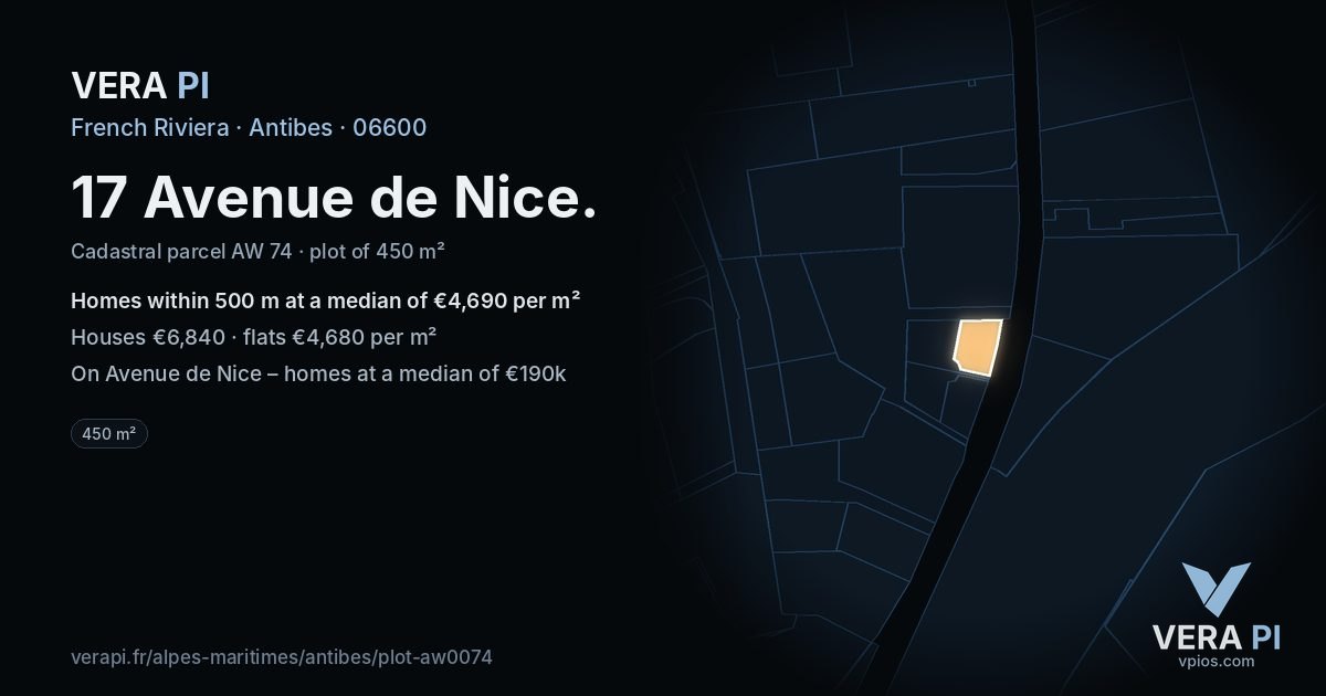 17 Avenue de Nice, Antibes at night – the plot lit, the parcels around coloured by the prices near them