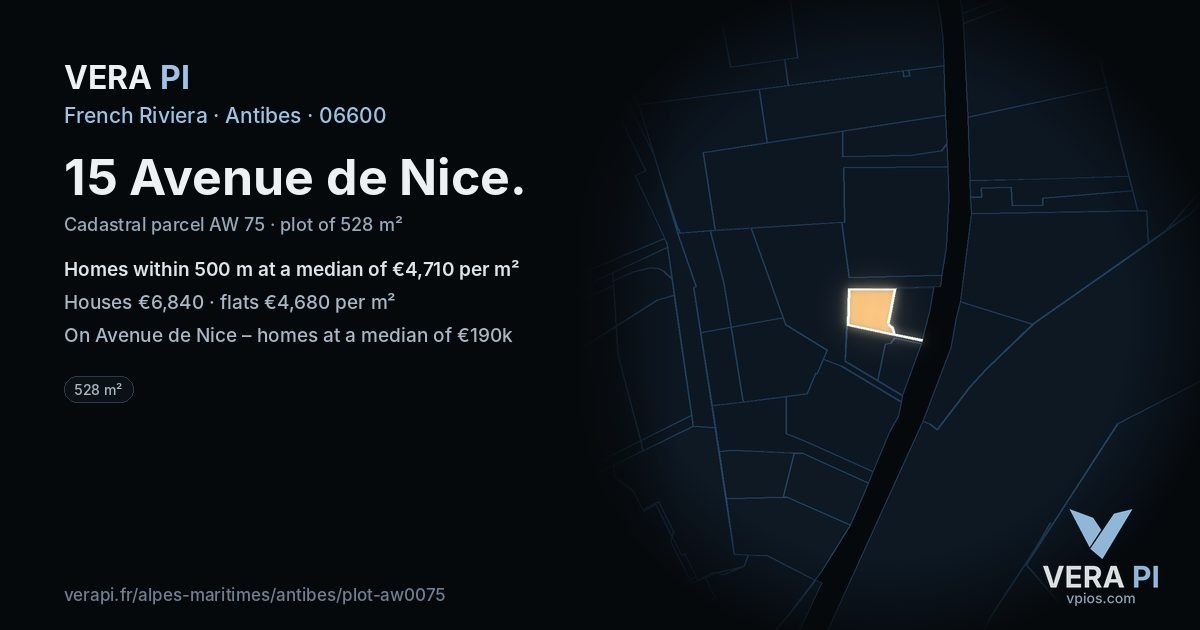 15 Avenue de Nice, Antibes at night – the plot lit, the parcels around coloured by the prices near them