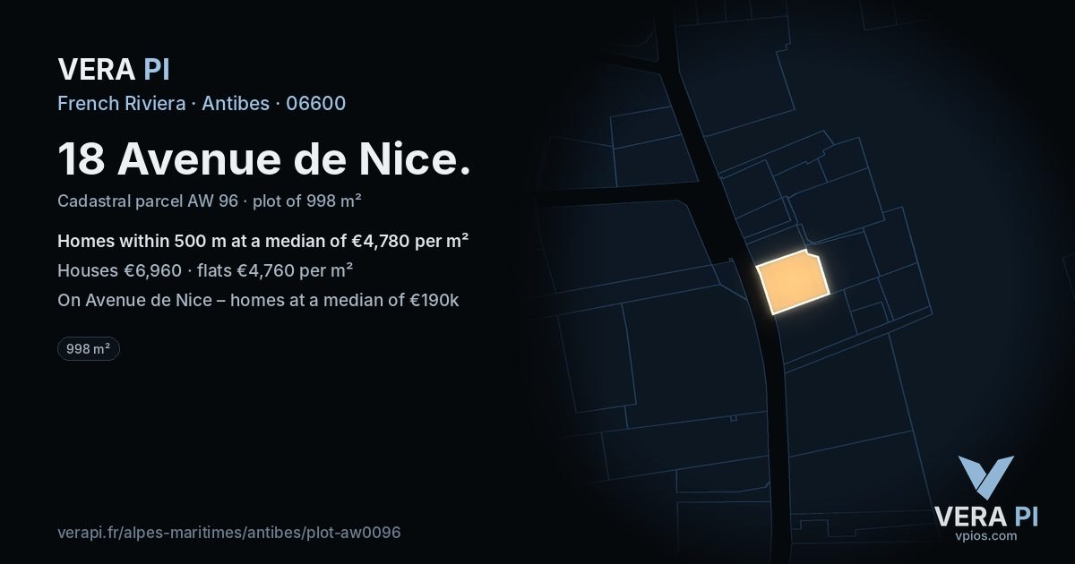 18 Avenue de Nice, Antibes at night – the plot lit, the parcels around coloured by the prices near them